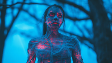 a woman with glowing red skin standing in front of treesの素材