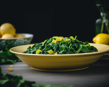 a yellow bowl filled with spinach and lemonsの素材