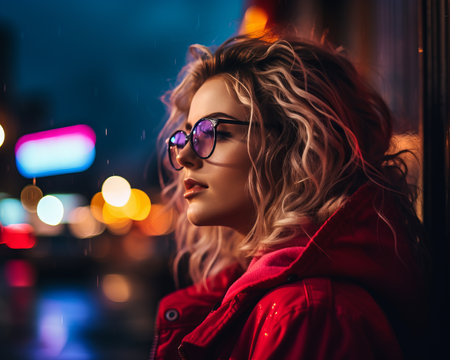 a woman with glasses and a red jacket in the city at nightの素材