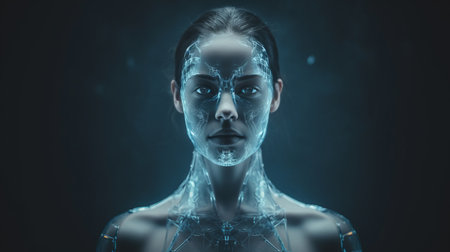 a woman with glowing blue lines on her faceの素材