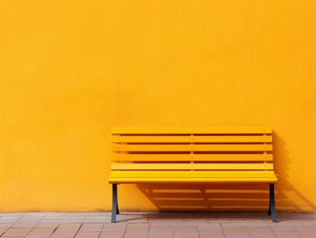 a yellow bench against a bright orange wallの素材