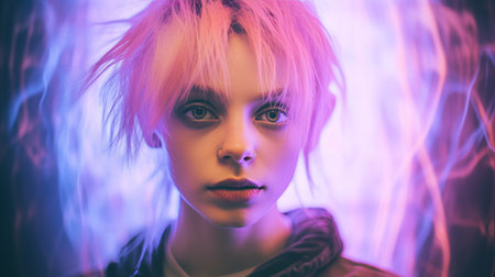 a woman with pink hair and blue eyesの素材