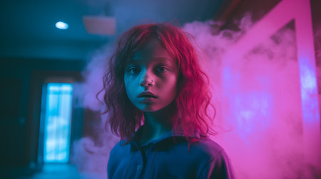 a young girl with red hair standing in front of smokeの素材