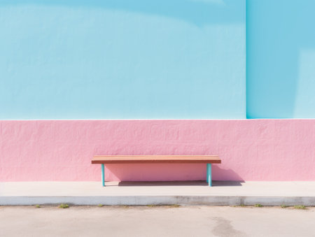 a wooden bench against a pink and blue wallの素材