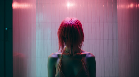a woman with pink hair standing in front of a mirrorの素材