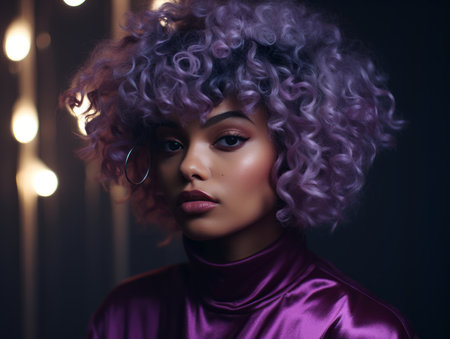 a woman with purple curly hairの素材