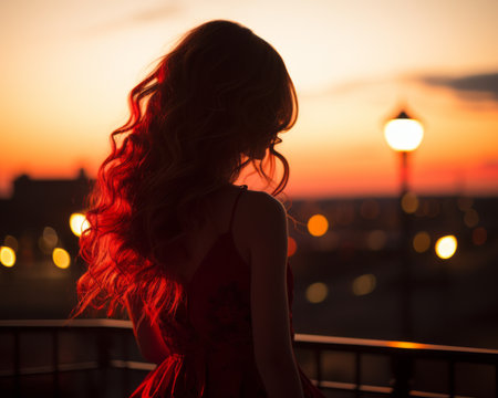 a woman with long red hair standing on a balcony at sunsetの素材