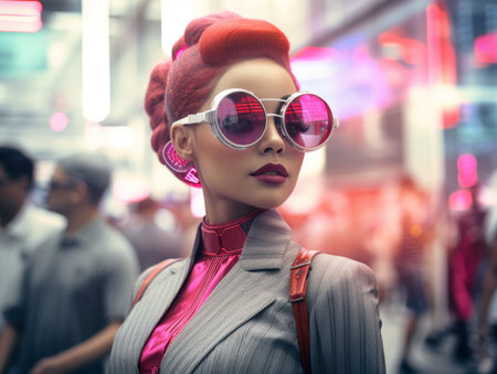a woman with red hair and sunglasses in the cityの素材