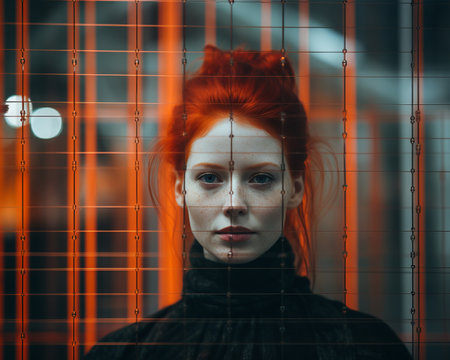 a woman with red hair standing in front of an orange gridの素材