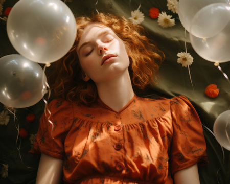 a woman with red hair laying on a bed with white balloonsの素材