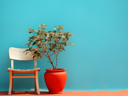 a wooden chair next to a potted plant against a blue wallの素材