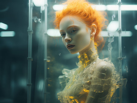 a woman with orange hair standing in front of a glass wallの素材