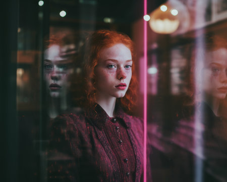 a woman with red hair in front of a windowの素材