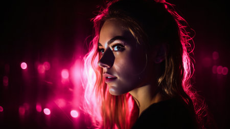 a woman with pink lights in the backgroundの素材