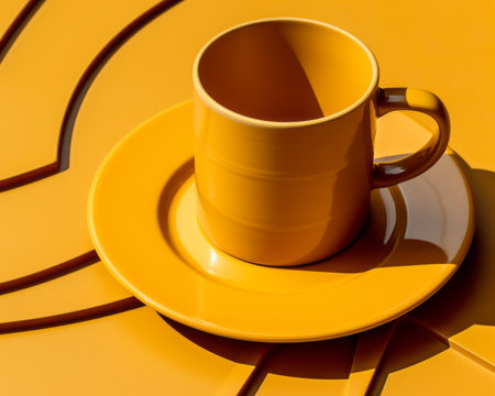 a yellow coffee cup and saucer sit on top of a yellow tableの素材