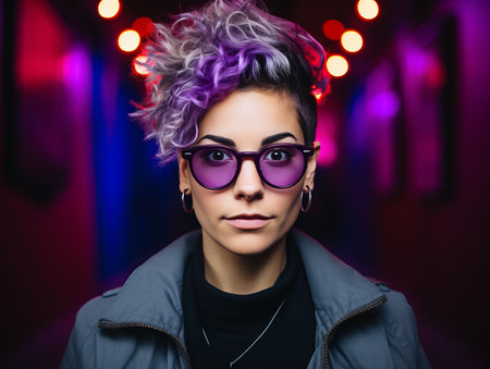 a woman with purple hair and purple glassesの素材