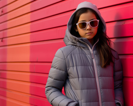 a young girl wearing sunglasses and a jacket against a red wallの素材