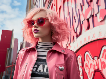 a woman with pink hair and sunglasses standing in front of a pink wallの素材