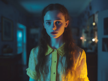 a young girl in a yellow shirt standing in a dark roomの素材