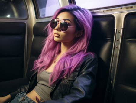 a woman with purple hair and sunglasses sitting in a carの素材
