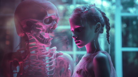 a young girl and a skeleton in front of a windowの素材