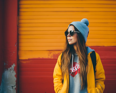a young woman wearing sunglasses and a yellow jacket standing in front of an orange wallの素材