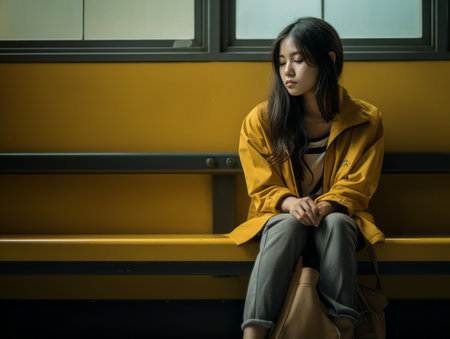 a young woman sitting on a bench in front of a windowの素材