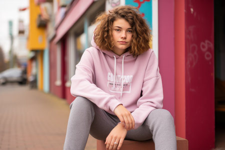 a young woman wearing a pink hoodie sitting on a benchの素材