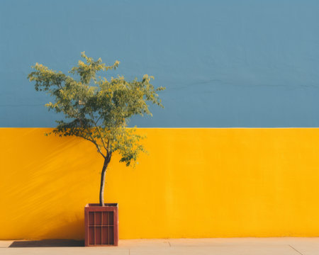 a yellow and blue wall with a tree in front of itの素材