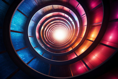 abstract background with colorful lights in the center of a circular tunnelの素材
