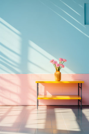 a yellow and pink table with flowers in a vase in front of a blue wallの素材