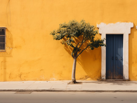 a yellow wall with a blue door and a treeの素材