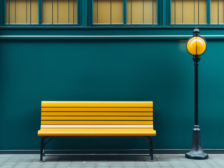a yellow bench next to a green wallの素材