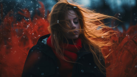 a woman with red hair standing in the middle of a fieldの素材