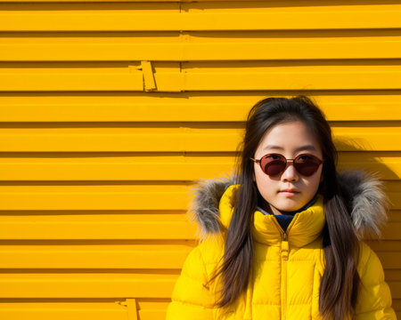 a young girl in a yellow coat and sunglasses standing in front of a yellow wallの素材
