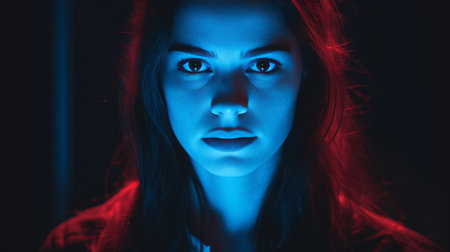 a woman with red and blue lights on her faceの素材