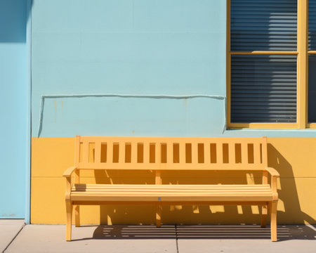 a yellow bench in front of a blue and yellow buildingの素材
