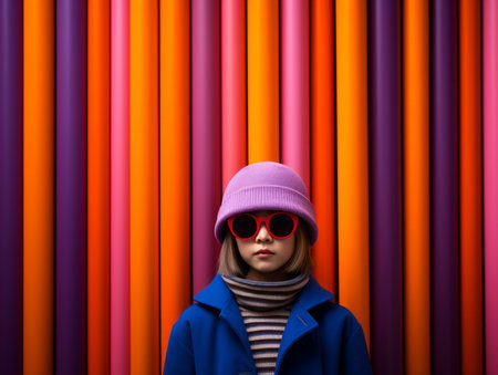 a young girl wearing a hat and sunglasses in front of a colorful wallの素材