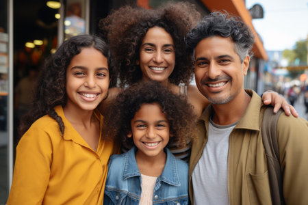 an african american family standing in front of a storeの素材