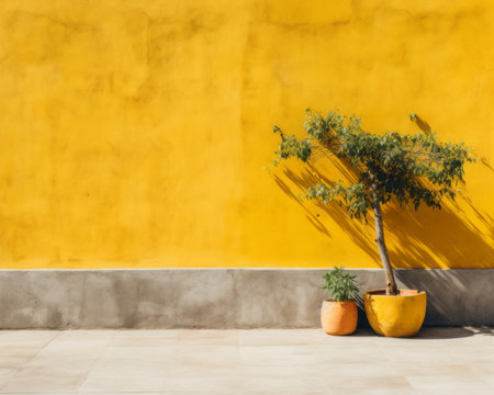 a yellow wall with a potted tree in front of itの素材