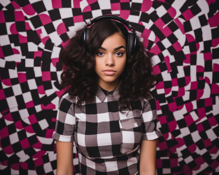 a young woman wearing headphones in front of a checkered backgroundの素材