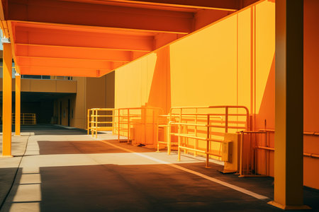 a yellow building with orange bars on the side of itの素材