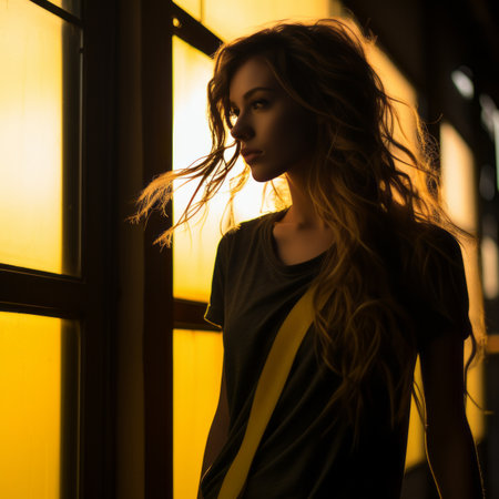 a woman with long hair standing in front of a windowの素材