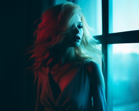 a woman with long blonde hair standing in front of a windowの素材