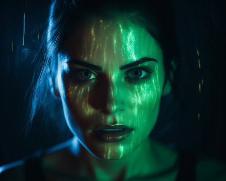 a woman with glowing green paint on her faceの素材
