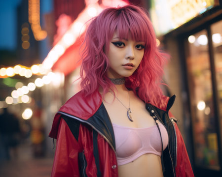 a woman with pink hair and a red jacket standing on the streetの素材