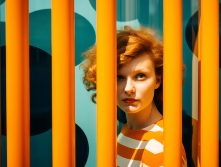a woman with red hair standing in front of orange barsの素材