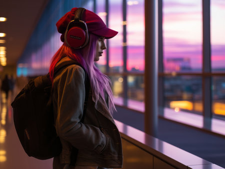 a woman with pink hair and headphones looking out a windowの素材