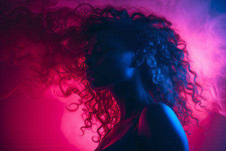 a woman with long curly hair is silhouetted against a pink and blue lightの素材
