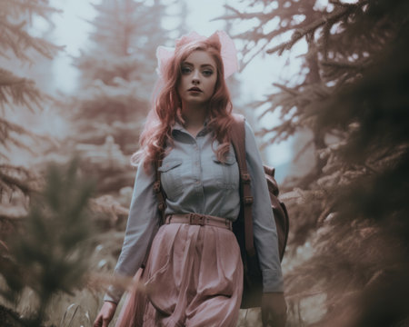 a woman with pink hair and a backpack in the woodsの素材